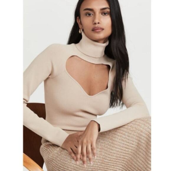 Nanushka Ribbed Knit Front Cut-Out Cropped Fah Top Long Sleeve Beige Size S NWT - Picture 4 of 12